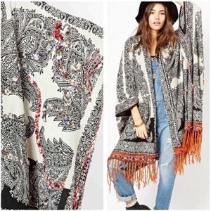 Free People Hendrix kimono 

Paisley Fringe Poncho - Black, White, and Orange